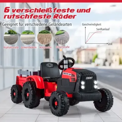 24V dětský elektrický traktor s přívěsem, elektrické vozidlo s odnímatelným přívěsem, dálkové ovládání, červený