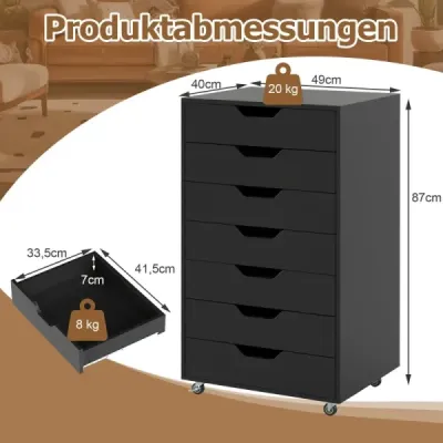 Pojízdný kontejner se 7 zásuvkami, mobilní kartotéka s kolečky, kancelářský kontejner, zásuvková skříň, černá