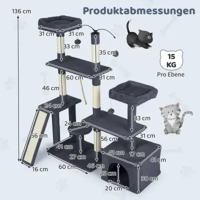 Šplhací strom pro kočky s otočným designem kočičí jeskyní a rampou lezecká plošinatmavě šedá