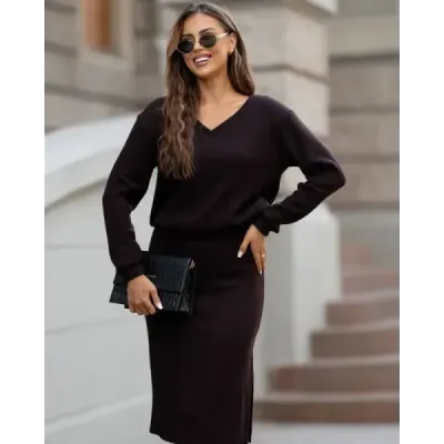 Pletená souprava se sukní MODA2103 čekoládová