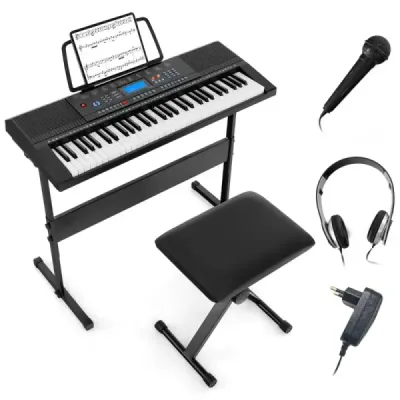 Přenosná elektronická klávesnice s 61 klávesami, stojanem, stoličkou a mikrofonem, digitální piano