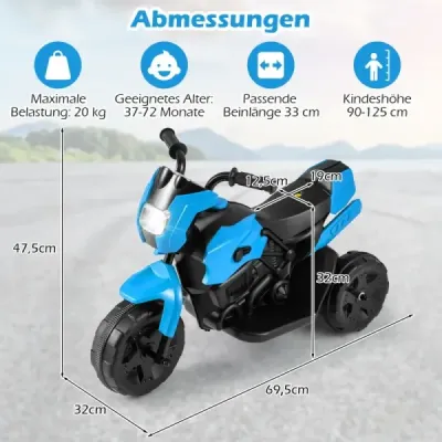 6V dětská motorka, tříkolový elektrický motocykl s LED světlometem, pedál, baterie, elektrické autíčko, tmavě modrá