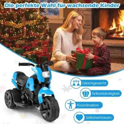6V dětská motorka, tříkolový elektrický motocykl s LED světlometem, pedál, baterie, elektrické autíčko, tmavě modrá
