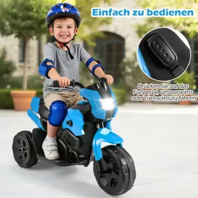 6V dětská motorka, tříkolový elektrický motocykl s LED světlometem, pedál, baterie, elektrické autíčko, tmavě modrá