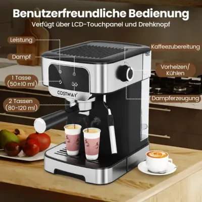 Espresso kávovar 20 barů 1200 W Espresso kávovar s napěňovačem mléka s parou 18l odnímatelná nádržka na vodu Černá