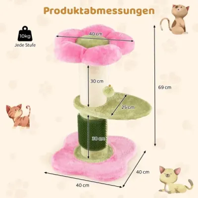 69 cm květinový kočičí škrabadlo s polstrovaným plyšovým sedátkem, malé šplhací škrabadlo, růžové