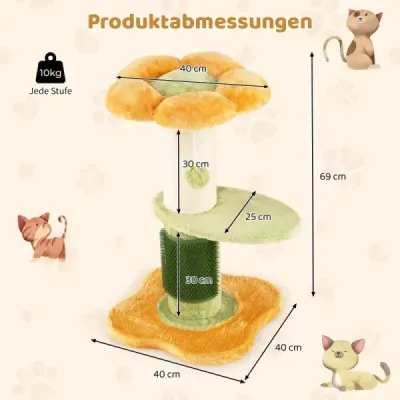 69 cm květinový kočičí škrabadlo s polstrovaným plyšovým sedátkem, malé šplhací stromeček, žluté