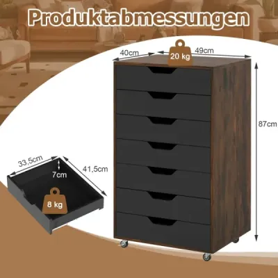 Pojízdný kontejner se 7 zásuvkami, mobilní kartotéka s kolečky, kancelářský kontejner, rustikální hnědá