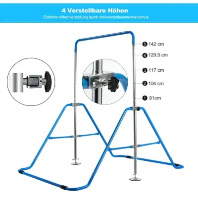 Dětská gymnastická hrazda, výškově nastavitelná, hrazda 90-130 cm, skládací, modrá