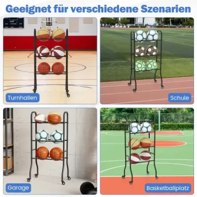 Stojan na míče se 3 úrovněmi s kolečky a kovovým rámem, organizér na míče, police na basketbalový míč