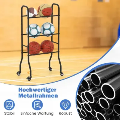 Stojan na míče se 3 úrovněmi s kolečky a kovovým rámem, organizér na míče, police na basketbalový míč