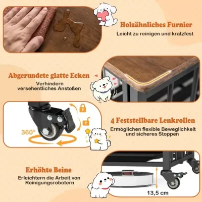 Skládací psí bouda s kolečky, odnímatelným tácem a uzamykatelnými dvířky, odkládací stolek/psí klece 2 v 1