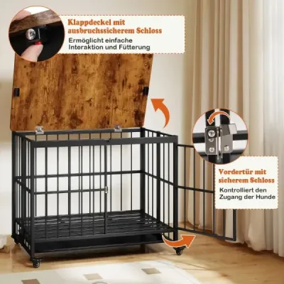 Skládací psí bouda s odnímatelným tácem a kolečky a uzamykatelnými dveřmi. Psí klece 2 v 1 s bočními stolky.