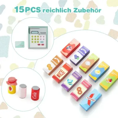 Dětská herní sada do supermarketu s pokladnou, pokladním automatem, prodejním automatem a tabulí, mátově zelená