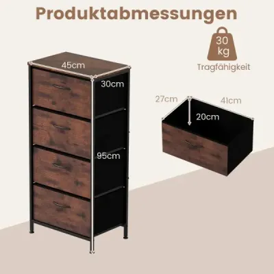 Komoda se 4 látkovými zásuvkami, dřevěnou deskou a kovovým rámem, hnědá.
