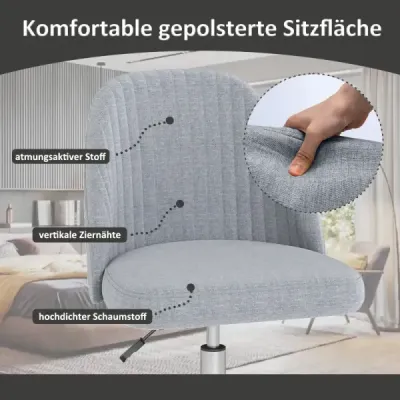 Otočné křeslo bez područek, výškově nastavitelné toaletní křeslo, kancelářská židle, židle do domácí kanceláře, šedá