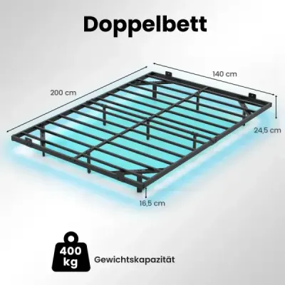 Manželská postel, plovoucí rám postele s LED osvětlením, moderní kovový rám postele, černá, 140 x 200 cm