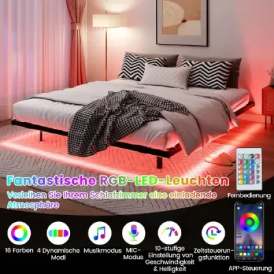 Plovoucí postel velikosti Queen s LED osvětlením, moderní kovový rám postele, 160 x 200 cm