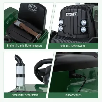 24V dětský elektrický traktor s přívěsem, elektrické vozidlo s odnímatelným přívěsem, dálkové ovládání, tmavě zelený