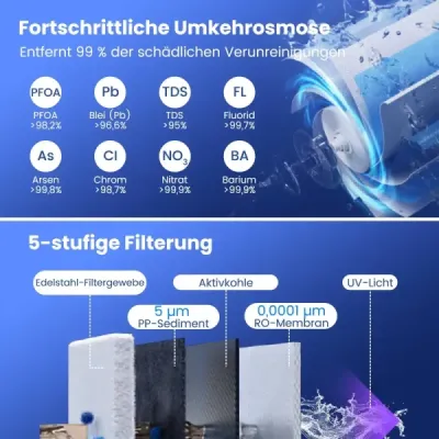 Stolní vodní filtr s 5stupňovým RO+PPC filtračním systémem a UV světlem a reverzní osmózou