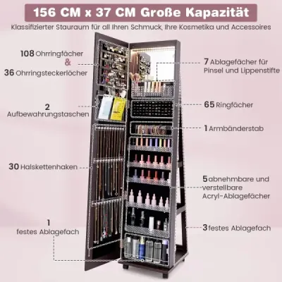Uzamykatelná šperkovnice s integrovaným kosmetickým zrcátkem, nastavitelnými policemi a úložným prostorem, tmavě hnědá