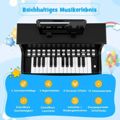 25klávesové mini digitální piano se stoličkou, dětské piano s nastavitelnou rychlostí, černé
