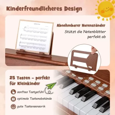 25klávesové mini digitální piano se stoličkou, dětské piano s nastavitelnou rychlostí, hnědé