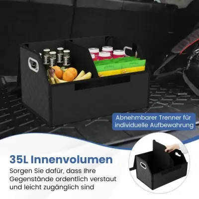 Skládací kožený organizér do kufru auta o objemu 35 l s víkem a flexibilní dělicí přepážkou, prošívaný