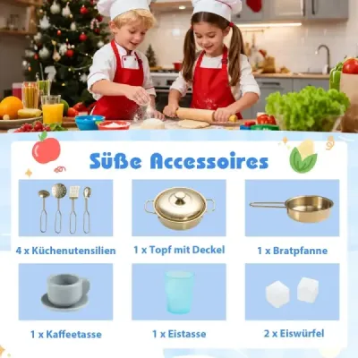 Dětská kuchyňka na hraní s kávovarem a dávkovačem ledu, dřevěná dětská kuchyňka, kuchyňka pro panenky, modrá