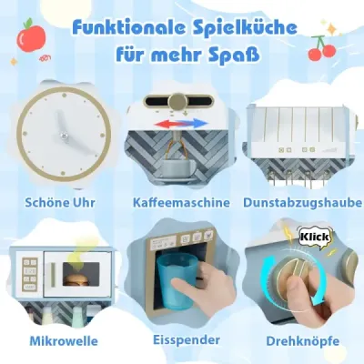 Dětská kuchyňka na hraní s kávovarem a dávkovačem ledu, dřevěná dětská kuchyňka, kuchyňka pro panenky, modrá
