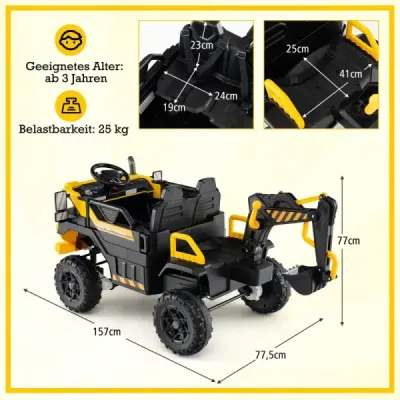 24V elektrický dětský šlapací bagr s pohonem 4x4 a dálkovým ovládáním, stavební vozidlo pro děti od 3 let, žlutý