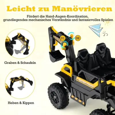 24V elektrický dětský šlapací bagr s pohonem 4x4 a dálkovým ovládáním, stavební vozidlo pro děti od 3 let, žlutý