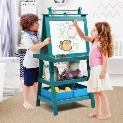 Dětský stojan 3 v 1 Dětská tabule Oboustranná tabule a tabule a papír na kreslení 59 x 50 x 117 cm Modrá