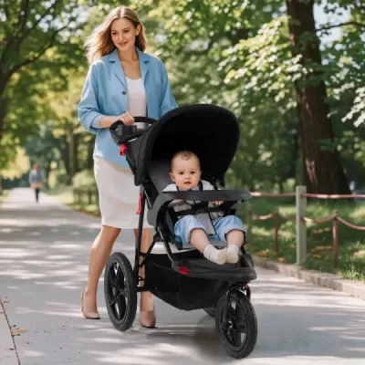 Bežecký kočík, skladací jogger s nastaviteľnou slnečnou strieškou a polohovateľným sedadlom, čierny