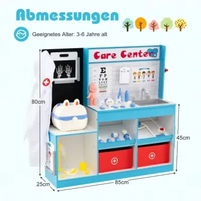 Dřevěná hrací sada pro lékaře s vyšetřovacím koutem, EKG monitorem a rentgenovým filmem, lékařské centrum, modrá
