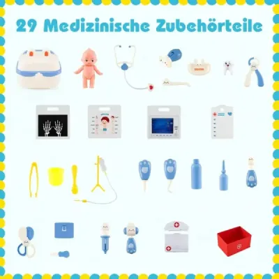 Dřevěná hrací sada pro lékaře s vyšetřovacím koutem, EKG monitorem a rentgenovým filmem, lékařské centrum, modrá