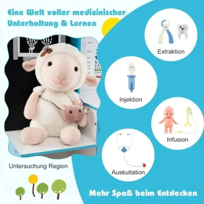 Dřevěná hrací sada pro lékaře s vyšetřovacím koutem, EKG monitorem a rentgenovým filmem, lékařské centrum, modrá