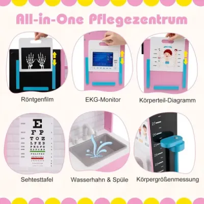 Dřevěná sada pro lékařské služby s vyšetřovacím koutem, EKG monitorem a rentgenovým filmem, růžová
