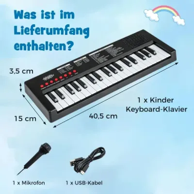 Dětské piano, 37 kláves, přenosné elektrické piano s 8 rytmy, 8 zvuky a 22 demy, černé
