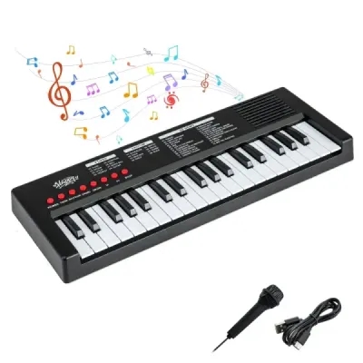 Dětské piano, 37 kláves, přenosné elektrické piano s 8 rytmy, 8 zvuky a 22 demy, černé