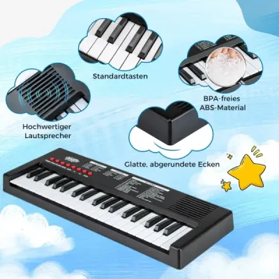 Dětské piano, 37 kláves, přenosné elektrické piano s 8 rytmy, 8 zvuky a 22 demy, černé