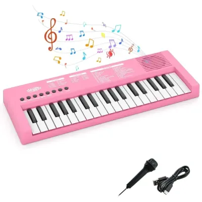 Dětské klavírní klaviatury, 37 kláves, přenosné elektrické piano s 8 rytmy, 8 zvuky a 22 demy, růžové