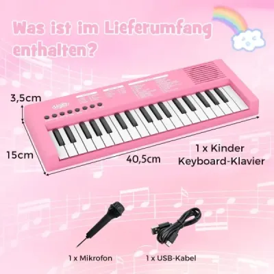 Dětské klavírní klaviatury, 37 kláves, přenosné elektrické piano s 8 rytmy, 8 zvuky a 22 demy, růžové