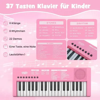 Dětské klavírní klaviatury, 37 kláves, přenosné elektrické piano s 8 rytmy, 8 zvuky a 22 demy, růžové