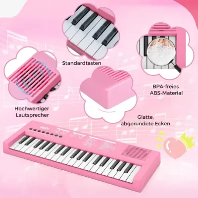 Dětské klavírní klaviatury, 37 kláves, přenosné elektrické piano s 8 rytmy, 8 zvuky a 22 demy, růžové