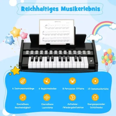 Dětské mini digitální piano s 25 klávesami, dřevěná hračka s nastavitelnou rychlostí, černá