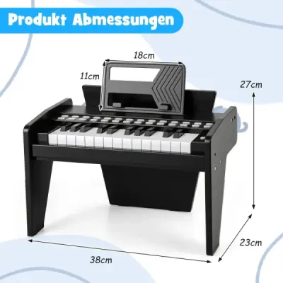 Dětské mini digitální piano s 25 klávesami, dřevěná hračka s nastavitelnou rychlostí, černá