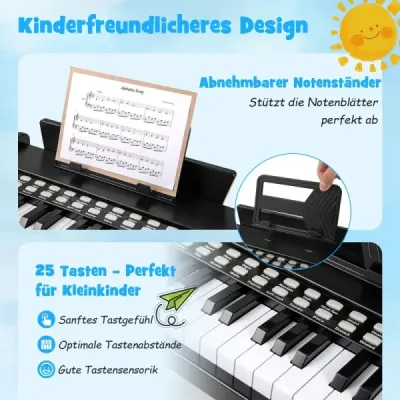 Dětské mini digitální piano s 25 klávesami, dřevěná hračka s nastavitelnou rychlostí, černá