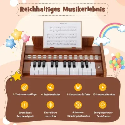 Dětské mini digitální piano s 25 klávesami, dřevěná hračka s nastavitelnou rychlostí, hnědá