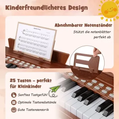 Dětské mini digitální piano s 25 klávesami, dřevěná hračka s nastavitelnou rychlostí, hnědá